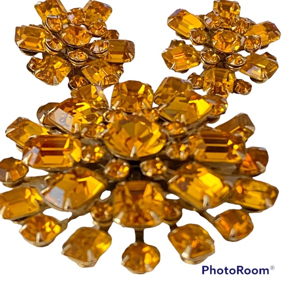🌹WEISS Citrine or Topaz Colored Rhinestone Starburst Earrings & Brooch Set - Picture 10 of 12